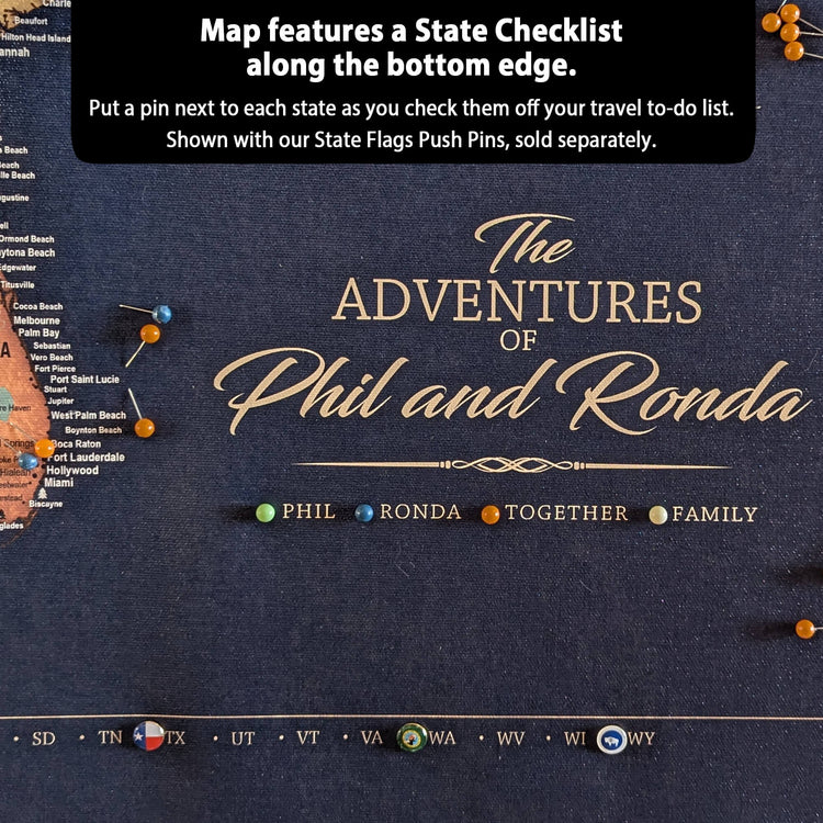 a map with a state checklist along the bottom edge, and it includes a section titled "The Adventures of Phil and Ronda" with a subtitle "PHIL RONDA TOGETHER FAMILY".