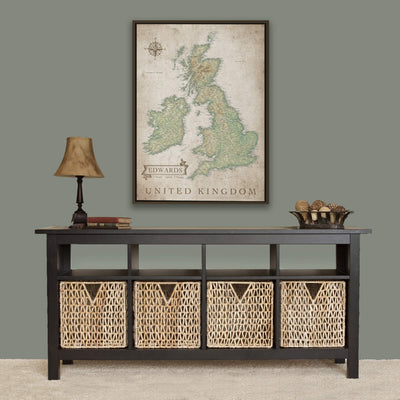 a black table with wicker baskets under a map