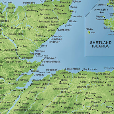 The image is a detailed map of the Shetland Islands, showing various locations and landmarks.