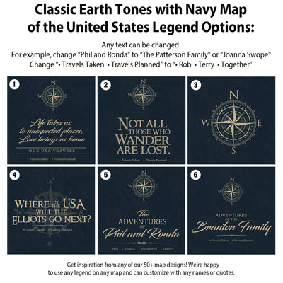 six different map designs with various text and compass elements, including a navy map of the United States.