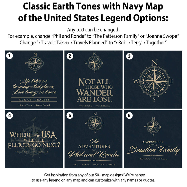 six different map designs with various text and compass elements, including a navy map of the United States.