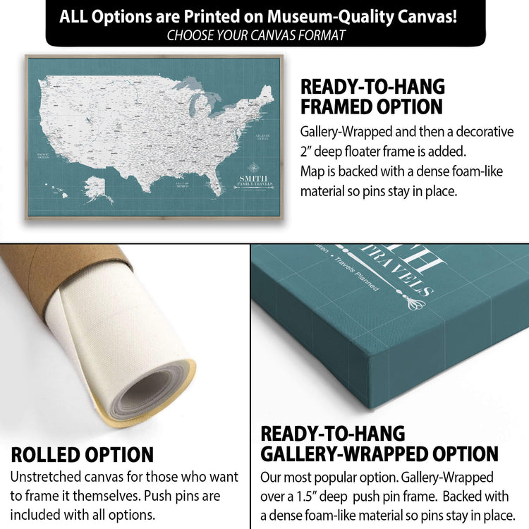The image is a collage of three different options for a canvas print of a map of the United States. The first option is a ready-to-hang framed option, the second option is a rolled option, and the third option is a gallery-wrapped option. Each option has its own unique features and benefits, such as the ability to frame the canvas yourself, the option to roll the canvas over a 1.5" deep push pin frame, and the option to include a dense foam-like material for the pins to stay in place.