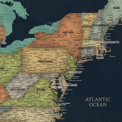 The image is a detailed map of the eastern United States, including the Atlantic Ocean, with labels for various states and cities.