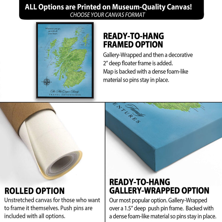 The image is a collage of three different options for a framed map of Scotland, each with its own description and features.