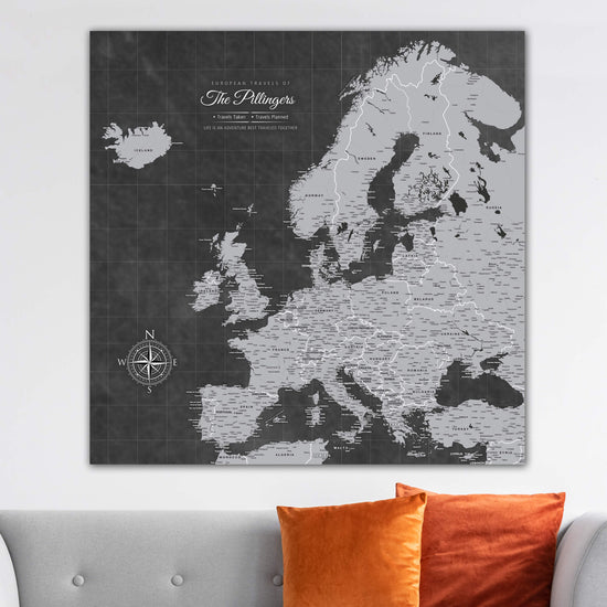 Grey Europe Push Pin Travel Map