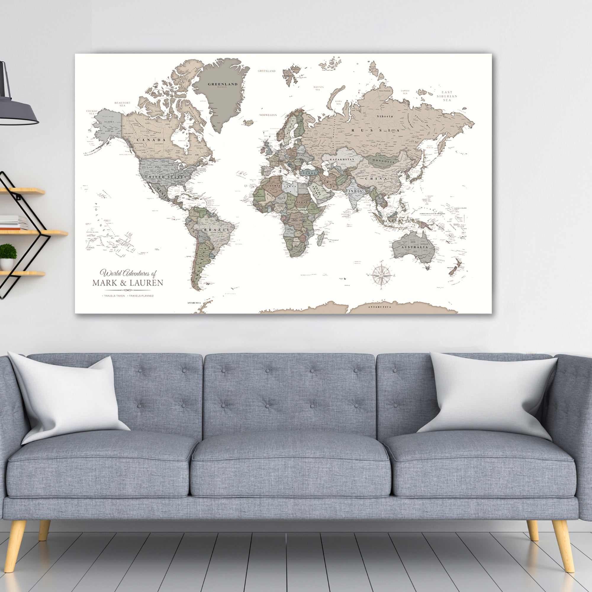 Muted Earth Tones World Push Pin Map | Holy Cow Canvas