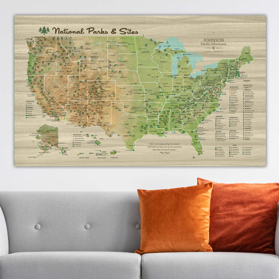 National Parks & Sites USA Push Pin Map on Canvas