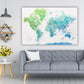 Blue & Green Watercolor World Push Pin Map on Canvas