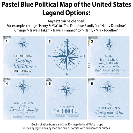 a collection of political map designs, each with a unique theme and message. The maps are labeled with various options such as "Any text can be changed," "Life is either a daring adventure or nothing at all," and "USA travels of the Donohue family." The maps are designed to inspire and showcase different aspects of the United States, including its history, culture, and geography.