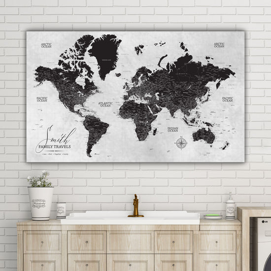 Black & White Push Pin World Map - 1 Panel