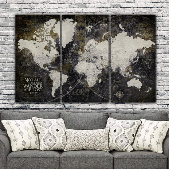 Industrial Detailed Push Pin World Map - 3 Panels