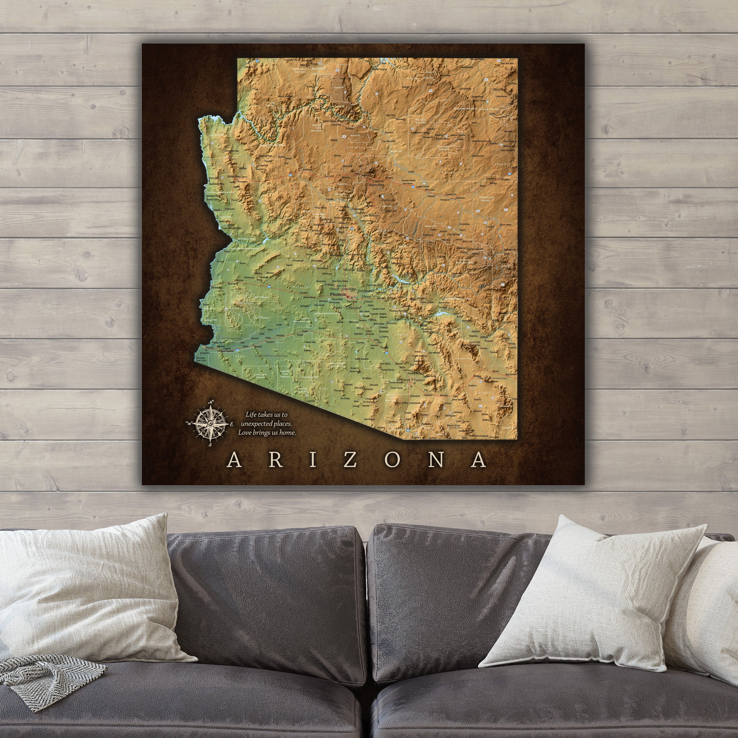 Arizona Push Pin Map with Cities & Terrain- Single Panel