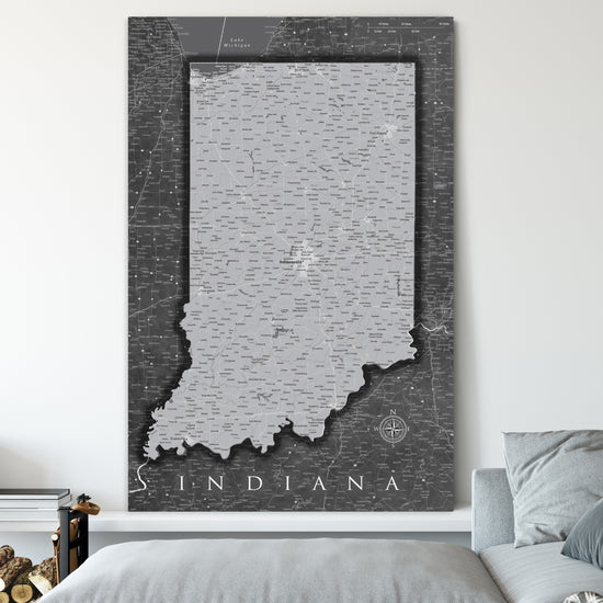 Indiana Push Pin State Travel Map Wall Art - Grey | Holy Cow Canvas