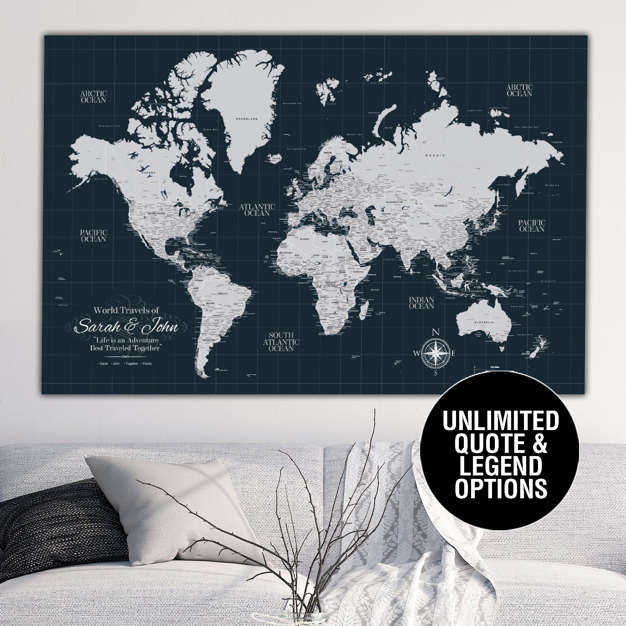  Holy Cow Canvas Personalized Gold & Navy Textured Push Pin  World Map on Canvas, Push Pins Included to Track Travels, World Map Pin  Board, Best gift for People Who Travel Gift