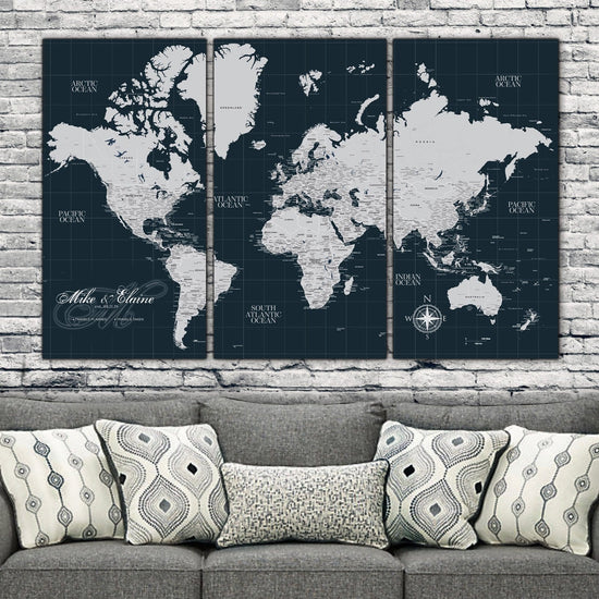 Navy Push Pin Travel Map of the World - 3 Panel - Canvas Wall Art - HolyCowCanvas