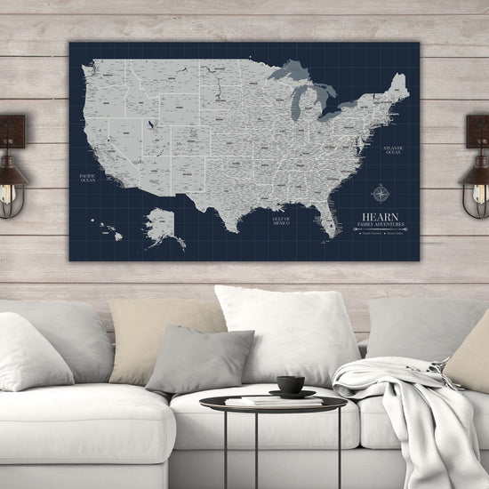 Navy Push Pin Travel Map of the USA