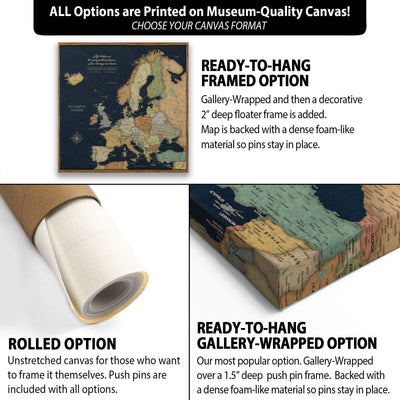 The image is a collage of three different options for a canvas print, each with its own description and features.
