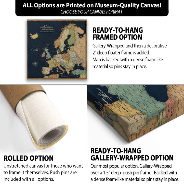The image is a collage of three different options for a canvas print, each with its own description and features.