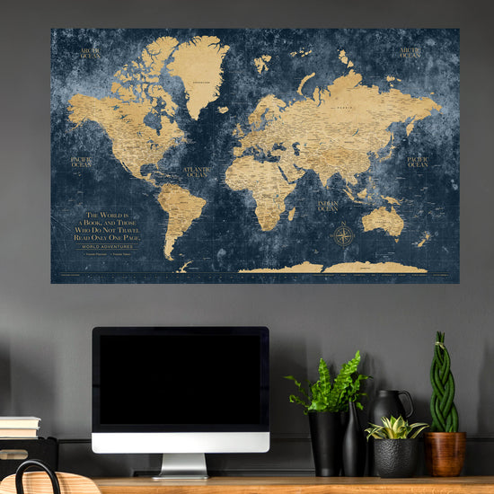 Quick Ship - Gold & Navy Textured World Push Pin Map