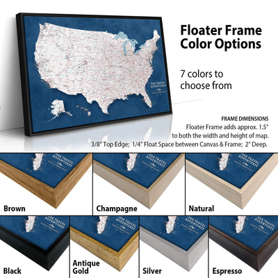 The image is a collage of different colored frames surrounding a map of the United States. The map is displayed in various frame colors, including brown, champagne, natural, antique, gold, silver, and espresso. The text above the image provides information about the frame color options available for the map.