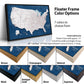 The image is a collage of different colored frames surrounding a map of the United States. The map is displayed in various frame colors, including brown, champagne, natural, antique, gold, silver, and espresso. The text above the image provides information about the frame color options available for the map.