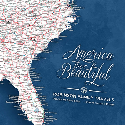The image is a detailed map of the United States, with the text "America the Beautiful" and "Robinson Family Travels" overlaid on the map.