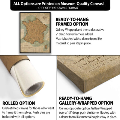 The image is a collage of three different options for a canvas print, each with its own description and features.