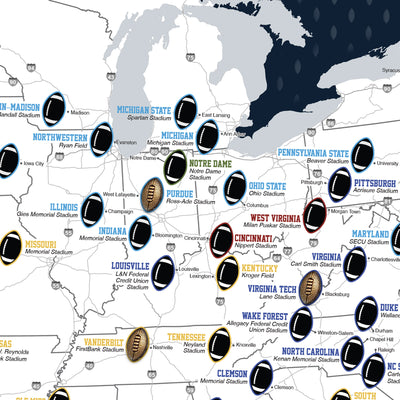 The image is a map of the United States, highlighting various football stadiums across the country.