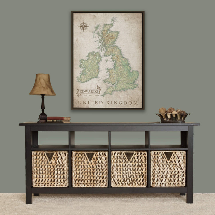 a black table with wicker baskets under a map