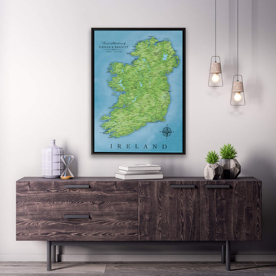 a map of ireland on a wall above a dresser