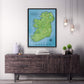 a map of ireland on a wall above a dresser