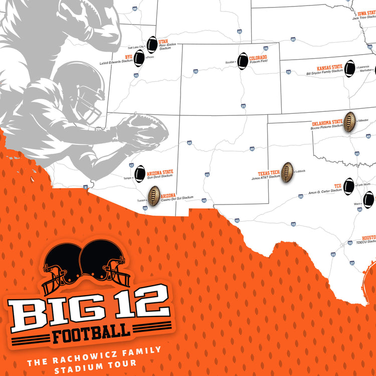 The image is a map of the United States with football locations marked, and it is titled "Big 12 Football" with the subtitle "The Rachowicz Family Stadium Tour".