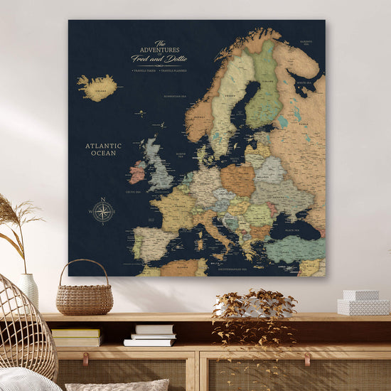 a large, detailed map of Europe and the surrounding regions, with various countries and geographical features labeled.