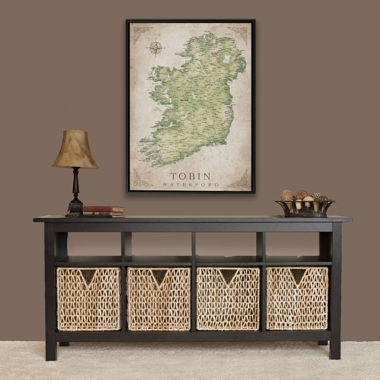a table with wicker baskets underneath a map