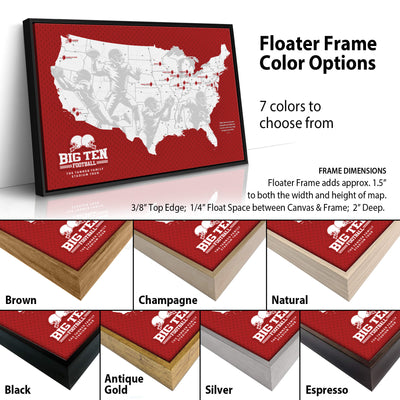 The image is a collage of different colored framed maps of the United States, with a focus on the Big Ten Football Team.