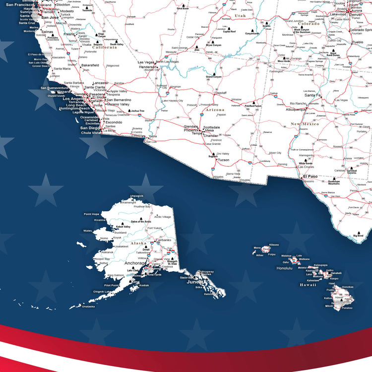 The image is a detailed map of the United States, with Alaska and Hawaii highlighted in white. The map is set against a blue background with stars, resembling the American flag.