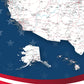 The image is a detailed map of the United States, with Alaska and Hawaii highlighted in white. The map is set against a blue background with stars, resembling the American flag.