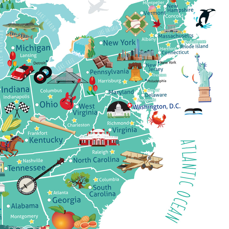 The image is a colorful map of the United States, highlighting various landmarks, cities, and regions.