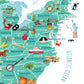 The image is a colorful map of the United States, highlighting various landmarks, cities, and regions.
