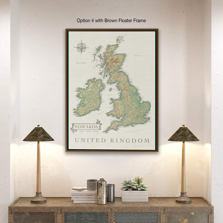 a map of the united kingdom hangs on a wall