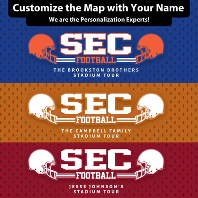 The image is a collage of three different football stadium tours, each featuring a different color scheme and the name "SEC Football" prominently displayed.