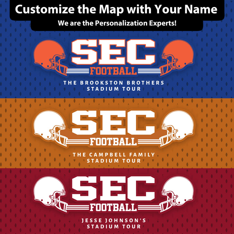 The image is a collage of three different football stadium tours, each featuring a different color scheme and the name "SEC Football" prominently displayed.