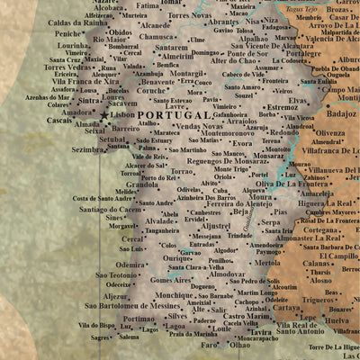 a map of Portugal with various locations and names written in different languages, such as Spanish, French, and Italian.