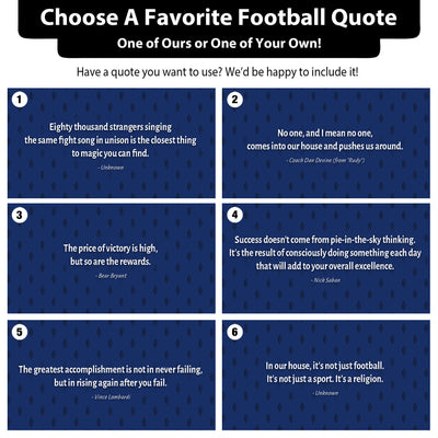 six different quotes related to football, with varying levels of familiarity and personal connection. The quotes are presented in a grid format, with each quote displayed on a separate blue background. The quotes cover a range of topics, from the importance of teamwork in football to the value of perseverance in sports.