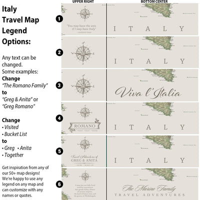 a travel map legend with various options for customization, including changing the map title, adding a visited list, and adding a bucket list to Greg & Anita. The legend also includes a quote about the uniqueness of Italy.