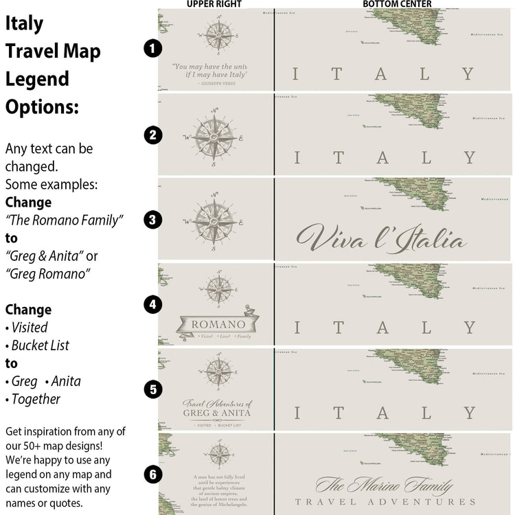 a travel map legend with various options for customization, including changing the map title, adding a visited list, and adding a bucket list to Greg & Anita. The legend also includes a quote about the uniqueness of Italy.