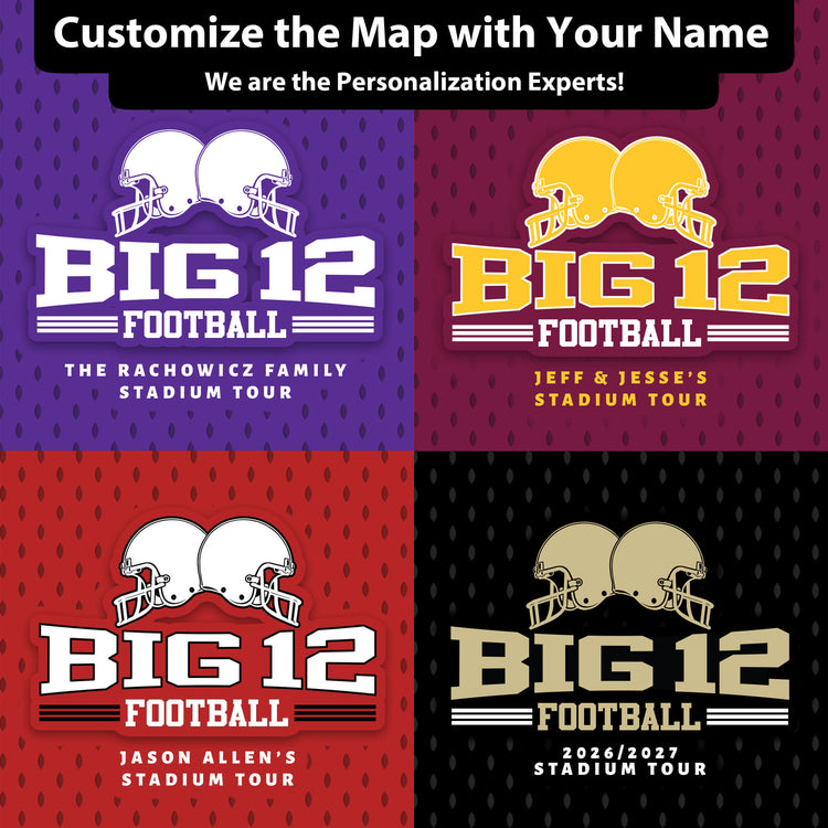 The image is a collage of four different football-themed images, each with a unique color scheme and design. The text in the images includes the words "BIG 12", "FOOTBALL", "THE RACHOWICZ FAMILY STADIUM TOUR", and "JASON ALLEN&