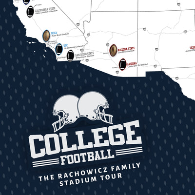 The image is a map of the United States with various college football teams and stadiums labeled, along with a logo for the Rachowicz family&
