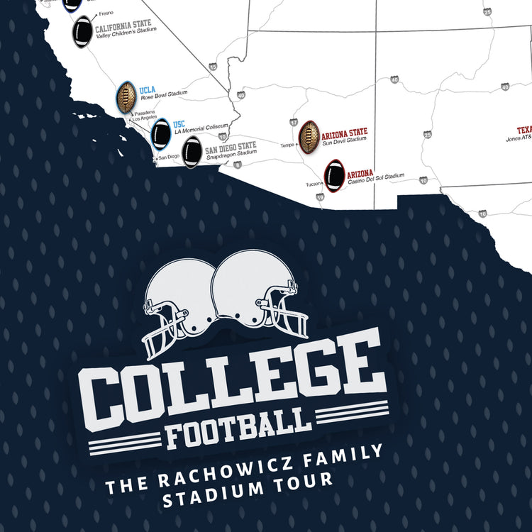 The image is a map of the United States with various college football teams and stadiums labeled, along with a logo for the Rachowicz family&