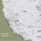 The image is a detailed map of the Pacific Ocean, showing the coastline, major cities, and surrounding bodies of water.